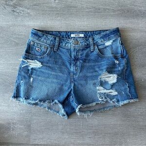 Tommy Hilfiger high waist  blue distressed denim shorts 25”